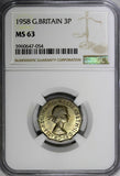 Great Britain Elizabeth II 1958 3 Pence NGC MS63 BETTER KEY DATE KM# 900 (054)