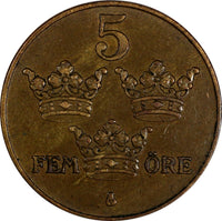 Sweden Gustaf V Bronze 1924 5 Ore Large Cross  27mm KM# 779.2 (17 908)