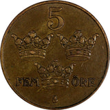 Sweden Gustaf V Bronze 1924 5 Ore Large Cross  27mm KM# 779.2 (17 908)