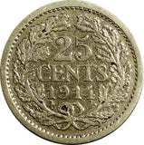 Netherlands Wilhelmina I Silver 1914 25 Cents 19mm KM# 146