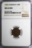 Norway Haakon VII Bronze 1925 1 Ore NGC MS63 BN  BETTER DATE KM# 367 (098)