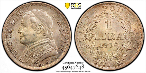 Italy PAPAL STATES  Pius IX Silver 1869-R 1 Lira PCGS MS63 KM# 1387 (48)