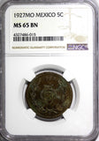 MEXICO Bronze 1927 MO 5 Centavos NGC MS65 BN NICE TONING KM# 422 (015)