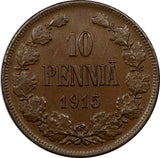 Finland Nicholas II Copper 1915 10 Pennia Mintage-420,000  KM# 14 (9334)