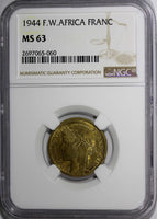 French West Africa Aluminum-Bronze 1944-L 1 Franc NGC MS63 Laureate Head KM#2(0)