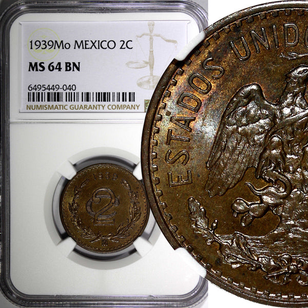 Mexico ESTADOS UNIDOS MEXICANOS Bronze 1939 Mo 2 Centavos NGC MS64 BN KM# 419(0)