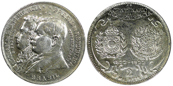 Brazil Silver 1922 2000 Reis  Independence Centennial 1 YEAR TYPE KM# 523 (406)