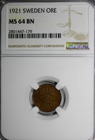 Sweden Gustaf V Bronze 1921 1 Ore NGC MS64 BN  KM# 777.2