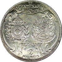 Brazil Silver 1922 2000 Reis  Independence Centennial 1 YEAR TYPE KM# 523 (342)