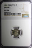 German States BAVARIA Silver 1861 1 Kreuzer NGC MS65 BU Nice Toned KM# 858 (33)