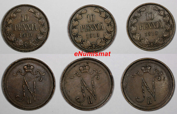 Finland under Russia Nicholas II Copper LOT OF 3 COINS 1910 10 Pennia KM# 14 (9)
