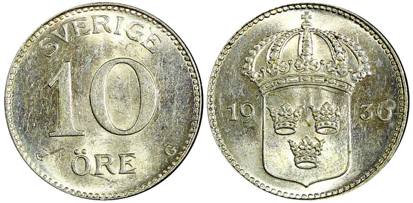 SWEDEN Gustaf V Silver 1936 G 10 Öre Long"6" ch.UNC KM# 780 (22 139)