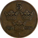 Sweden Gustaf V 1909 5 Öre  Large cross on Crown SCARCE KM# 779.2 (18 548)