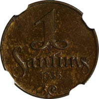 Latvia Bronze 1935 1 Santims NGC MS63 BN Struck at Switzerland.Last Date KM# 1