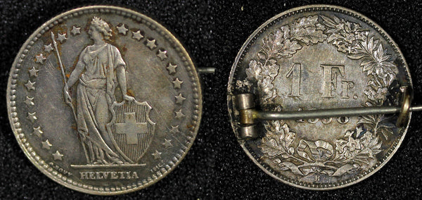 Switzerland Silver 1898 1 Franc Helvetia standing PIN BROOCH KM# 24 (21 688)