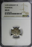 German States NURNBERG Silver 1678 1 Kreuzer, 4 Pfennig NGC MS65 KM#194(3)