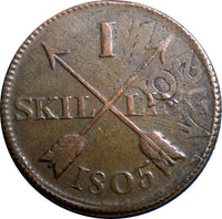 SWEDEN 1805 1 SKILLING OVERSTRUCK ON 18th Cent 2 ORE S.M.  KM#566 (2369A)