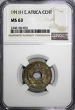 East Africa George V Copper-Nickel 1911 H 1 Cent NGC MS63 1st Year Type KM# 7(1)