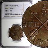 SWEDEN Copper Gustav IV Adolf 1808 1/4 Skilling NGC MS63 TOP GRADED KM# 564 (40)