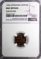 Lithuania Bronze 1936 1 Centas NGC UNC DETAILS1 YEAR TYPE KM# 79 (069)