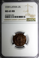 LATVIA Bronze 1939 2 Santimi NGC MS63 RB 1 YEAR TYPE Mint Luster KM# 11.2 (090)