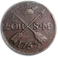 Sweden Adolf Frederick Copper 1763 2 Ore, S.M. Low Mintage-401,000  KM461 /4560