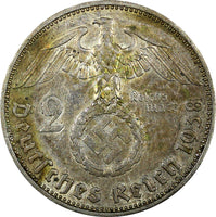 Germany - Third Reich Silver 1938 A 2 Reichs Mark Hindenburg KM# 93 (22 294)