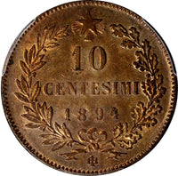 Italy Umberto I COPPER 1894 BI 10 Centesimi PCGS MS63 RB RED TONING KM# 27.1 (7)