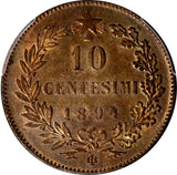 Italy Umberto I COPPER 1894 BI 10 Centesimi PCGS MS63 RB RED TONING KM# 27.1 (7)