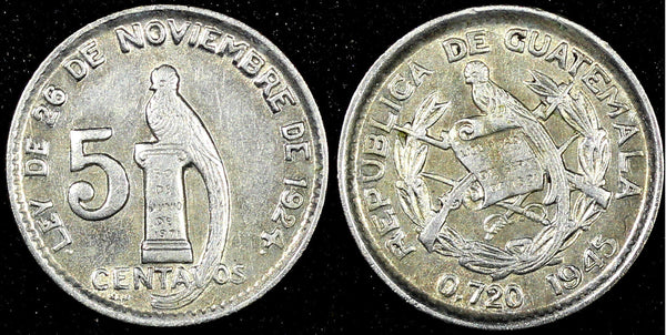 GUATEMALA Silver 1945 5 Centavos  KM# 238.1 (22 897)