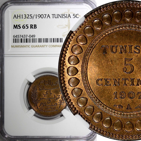 Tunisia Bronze AH1325//1907 A 5 Centimes NGC MS65 RB TOP GRADED KM# 235 (049)