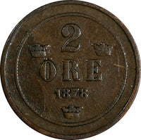 SWEDEN Oscar II Bronze 1878 2 ORE (Short Text) RARE DATE KM# 735