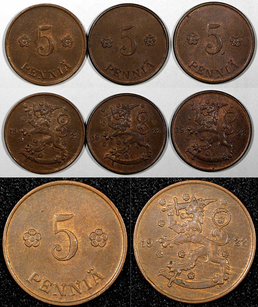 FINLAND Copper 1922 5 Penniä  UNC KM# 22 RANDOM PICK  (1 COIN)