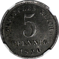 Germany - Empire Iron 1920 E 5 Pfennig Better Date NGC MS62 TOP GRADED KM# 19(4)