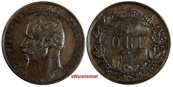 SWEDEN Oscar I Bronze 1857 5 Ore Mintage-731,000 aUNC  KM# 690 (15 475)