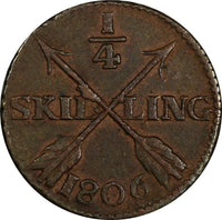 SWEDEN COPPER King Gustav IV Adolf 1806 1/4 Skilling KM# 564 (18 526)