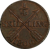 SWEDEN COPPER King Gustav IV Adolf 1806 1/4 Skilling KM# 564 (18 526)