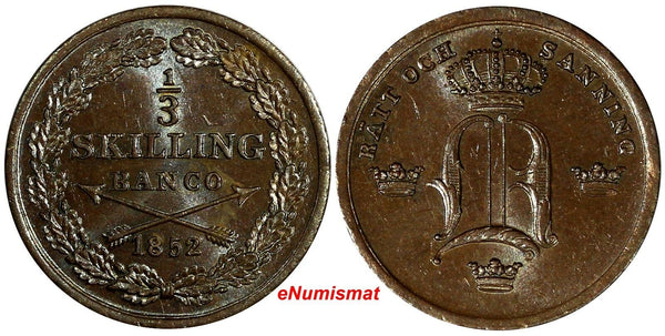 Sweden Oscar I (1844-1859) Copper 1852 1/3 Skilling Mint-489,000 UNC KM# 657 (0)