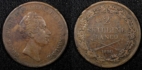 Sweden Oscar I Copper 1850 2 Skilling Banco 33.5 mm Mintage-81,000 KM#664 (563)