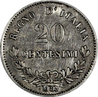 Italy Vittorio Emanuele II Silver 1863 M BN 20 Centesimi KM# 13.1 (20 339)