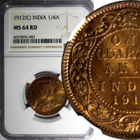 India-British George V Bronze 1912 (C) 1/4 Anna NGC MS64 RD FULL RED KM# 512 (3)