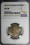 SWEDEN Oscar II Silver 1897 EB 1 Krona NGC AU58 Nice Toned SCARCE KM# 760