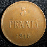 Finland Russian Nicolas II (1895-1917) Copper 1916 5 Pennia KM# 15  (23 732)