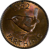 Great Britain George VI Bronze 1952 Farthing UNC RED BROWN KM# 867 (17 378)