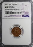 Finland Copper 1921 5 Pennia NGC UNC DETAILS KM# 22