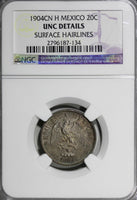 Mexico Silver 1904 Cn H  20 Centavos NGC UNC DETAILS Nice Toned KM# 405