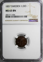 SWEDEN Oscar I Bronze 1857 1/2 Ore NGC MS63 BN BROWN KM# 686