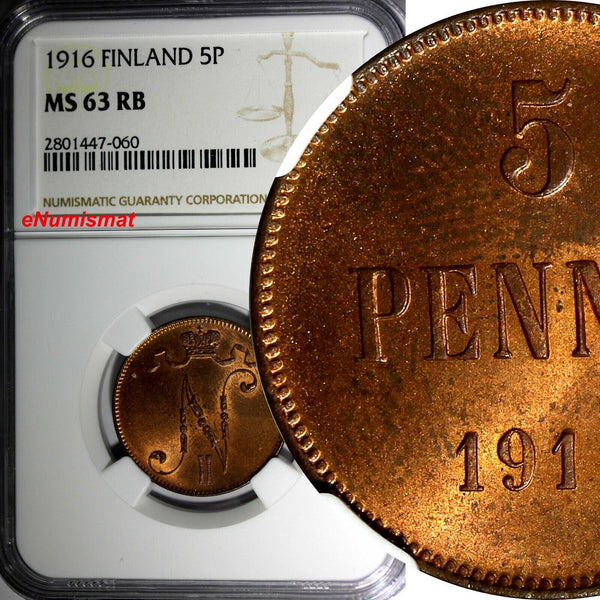 Finland Russian Tsar Nicolas II (1895-1917) 1916 5 Pennia NGC MS63 RB KM# 15 (0)