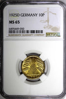Germany 1925 D 10 Reichspfennig NGC MS65 ONLY 1 GRADED HIGHEST KM# 40 (50)