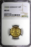 Germany 1925 D 10 Reichspfennig NGC MS65 ONLY 1 GRADED HIGHEST KM# 40 (50)